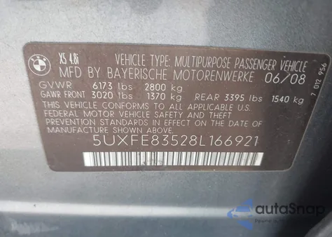 2008 BMW X5 4.8I z USA, uszkodzony, nr VIN 5UXFE83528L166921